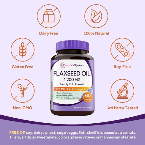 Doctor's Recipes Flaxseed Oil, 1200 mg, Freshly Cold Pressed, High in ALA, Omega 3 6 9, No Gluten, No Soy, for Heart Health, Non GMO, 60 Softgels in Saudi Arabia