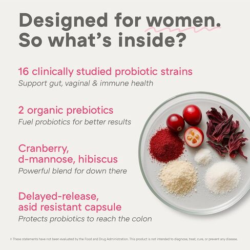 البروبيوتيك الكامل للنساء - الصحة المهبلية، وUT، والجهاز الهضمي والمناعي - 60 مليار وحدة تشكيل مستعمرة، و16 سلالة بروبيوتيك، والبريبايوتكس والبروبيوتيك مع الريحان المقدس - مرة واحدة يوميًا، 30 عددًا in Kuwait