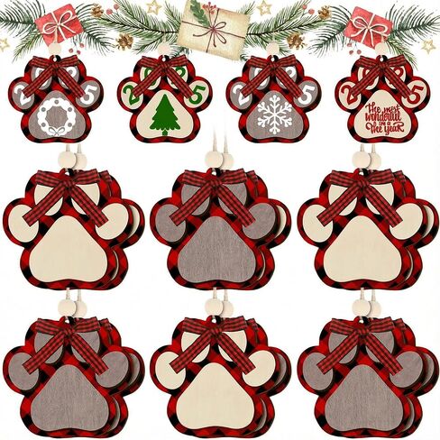 12 Pieces Christmas Dog Ornaments Christmas Tree Dog Paw Ornaments Cute Wooden Dog 2 Layer Paw Print Ornament Cutouts Dog Paw 3D Hanging Wood Ornaments Decoration for DIY Craft (Brown) in Saudi Arabia