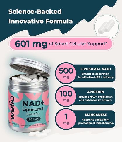 مكمل ليبوسومال NAD 601 مجم | مكافحة الشيخوخة والطاقة الخلوية | NAD+ المتقدم للنساء والرجال | ملحق NMN البديل | البشرة، الوظيفة الإدراكية، دعم مضاد للأكسدة - 60 كبسولة عالية النقاء in Saudi Arabia
