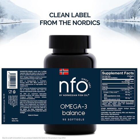 NFO Omega 3 Premium [90 Softgels] Fish Oil with High Concentrations of EPA & DHA (Triglyceride Form) & Vitamin E, High-Potency Omega 3 Fish Oil Softgels, Premium Omega3 Fatty Acids from Finland in Saudi Arabia