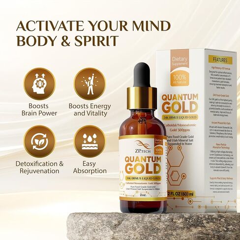 سائل الذهب الكمي - أورموس إكسير الذهب أحادي الذرة عيار 24 قيراط | مكمل أورموس الذهب الغروي والذهب السائل لتنشيط الغدة الصنوبرية والحلم الواضح ومحاذاة الطاقة الأعلى (2 أونصة) in Kuwait