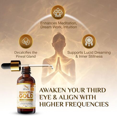 سائل الذهب الكمي - أورموس إكسير الذهب أحادي الذرة عيار 24 قيراط | مكمل أورموس الذهب الغروي والذهب السائل لتنشيط الغدة الصنوبرية والحلم الواضح ومحاذاة الطاقة الأعلى (2 أونصة) in Kuwait