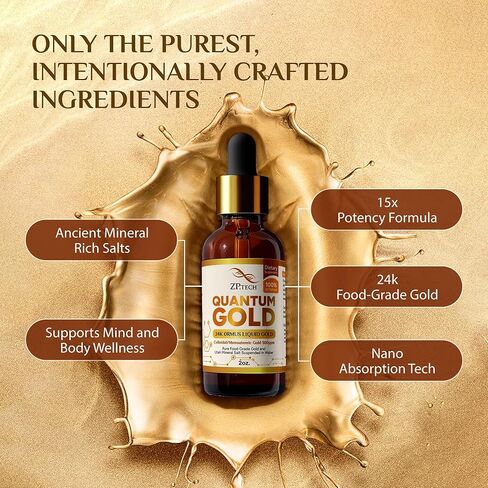 سائل الذهب الكمي - أورموس إكسير الذهب أحادي الذرة عيار 24 قيراط | مكمل أورموس الذهب الغروي والذهب السائل لتنشيط الغدة الصنوبرية والحلم الواضح ومحاذاة الطاقة الأعلى (2 أونصة) in Kuwait
