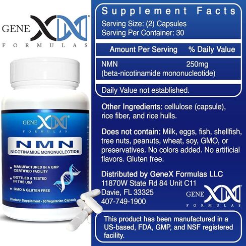 Genex Formulas NMN 250mg - Stabilized Form (60 Capsules), 99% Pure Supplement Capsules for Increased NAD Levels, DNA Repair, & Healthy Aging, GMP Certified in Saudi Arabia