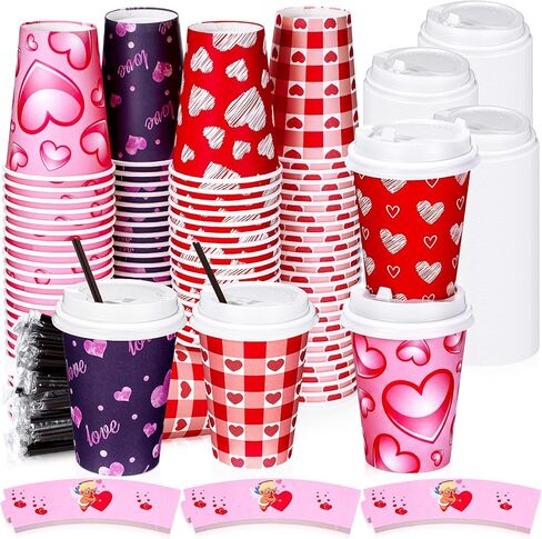 Lallisa 100 Sets Valentine's Day Coffee Paper Cups Disposable with Lids Straws, Sleeve 12 oz Holiday Lovely Love for Hot Cocoa Tea Beverage Valentine's Day Party Supplies (Lovely Love) in Kuwait