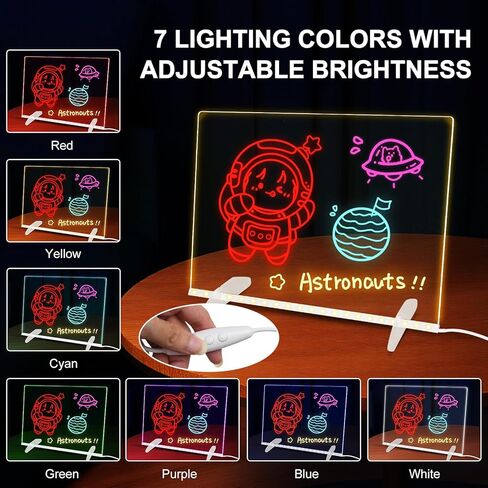 لوحة ملاحظات LED بألوان، 13.8 بوصة × 10 بوصة 4 أوضاع و7 ألوان لوحة رسائل أكريليك LED مع ضوء، لوحة رسم LED مع حامل، سلسلة تعليق، 7 علامات، زجاجة رذاذ in Kuwait