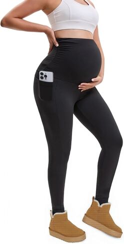 Womens Maternity Fleece Lined Leggings with Pockets, Winter Thermal Pregnancy Workout Yoga Pants in Saudi Arabia