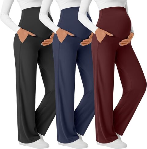 3 Pack Women's Maternity Yoga Pants Lightweight Over The Belly Pregnancy Pants Wide Leg Stretchy Lounge Trousers in Saudi Arabia