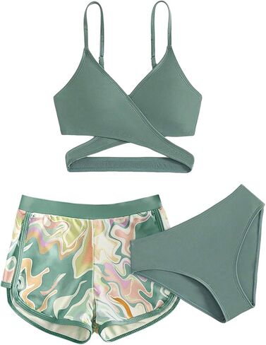 Girls 3 Piece Swimsuit Bathing Suits Solid Slim Fit Breathable Bikini Set Printed Soft Sports Shorts Swimwear for in Saudi Arabia