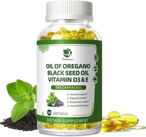 Organic Oregano Oil Capsules with Black Seed Oil, Ultra-Concentrated 99% Carvacrol, 5-in-1 with Vitamin D3 E Black Pepper, Immune, Respiratory, Digestive & Antioxidant*, 180 Softgels, Easy to Swallow in Saudi Arabia