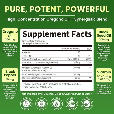 Organic Oregano Oil Capsules with Black Seed Oil, Ultra-Concentrated 99% Carvacrol, 5-in-1 with Vitamin D3 E Black Pepper, Immune, Respiratory, Digestive & Antioxidant*, 180 Softgels, Easy to Swallow in Saudi Arabia