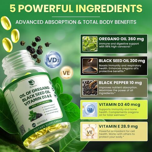 Organic Oregano Oil Capsules with Black Seed Oil, Ultra-Concentrated 99% Carvacrol, 5-in-1 with Vitamin D3 E Black Pepper, Immune, Respiratory, Digestive & Antioxidant*, 180 Softgels, Easy to Swallow in Saudi Arabia