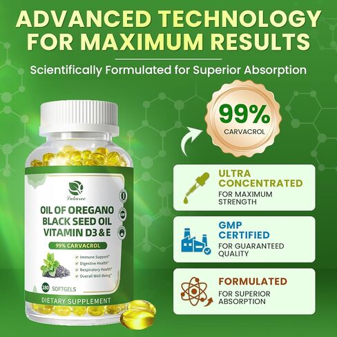 Organic Oregano Oil Capsules with Black Seed Oil, Ultra-Concentrated 99% Carvacrol, 5-in-1 with Vitamin D3 E Black Pepper, Immune, Respiratory, Digestive & Antioxidant*, 180 Softgels, Easy to Swallow in Saudi Arabia
