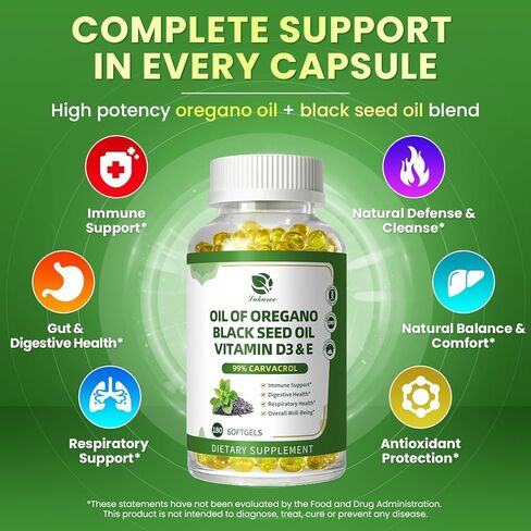 Organic Oregano Oil Capsules with Black Seed Oil, Ultra-Concentrated 99% Carvacrol, 5-in-1 with Vitamin D3 E Black Pepper, Immune, Respiratory, Digestive & Antioxidant*, 180 Softgels, Easy to Swallow in Saudi Arabia