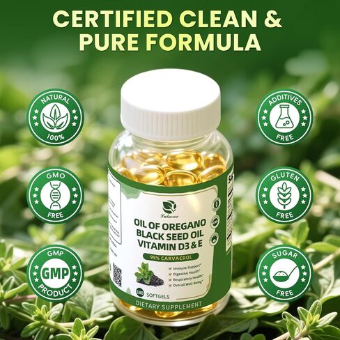 Organic Oregano Oil Capsules with Black Seed Oil, Ultra-Concentrated 99% Carvacrol, 5-in-1 with Vitamin D3 E Black Pepper, Immune, Respiratory, Digestive & Antioxidant*, 180 Softgels, Easy to Swallow in Saudi Arabia