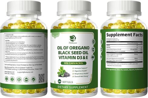 Organic Oregano Oil Capsules with Black Seed Oil, Ultra-Concentrated 99% Carvacrol, 5-in-1 with Vitamin D3 E Black Pepper, Immune, Respiratory, Digestive & Antioxidant*, 180 Softgels, Easy to Swallow in Saudi Arabia