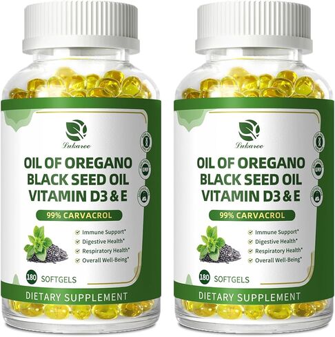 Organic Oregano Oil Capsules with Black Seed Oil, Ultra-Concentrated 99% Carvacrol, 5-in-1 with Vitamin D3 E Black Pepper, Immune, Respiratory, Digestive & Antioxidant*, 180 Softgels, Easy to Swallow in Saudi Arabia