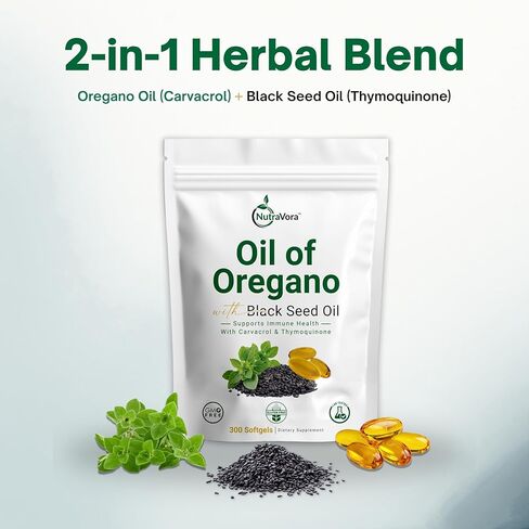 Oil of Oregano with Black Seed Oil Capsules – Dietary Supplement for Immune & Respiratory Wellness Support – with Carvacrol & Thymoquinone – Non-GMO, Gluten-Free – 300 Softgels in Saudi Arabia