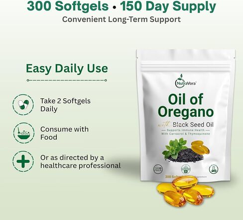 Oil of Oregano with Black Seed Oil Capsules – Dietary Supplement for Immune & Respiratory Wellness Support – with Carvacrol & Thymoquinone – Non-GMO, Gluten-Free – 300 Softgels in Saudi Arabia