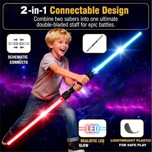 سيوف الضوء الأزرق الأحمر للأطفال - 2 حزمة تأثيري قابل للسحب انفصال LED ضوء SaberToy مجموعة مع الفتيات الفتيان والكبار - هدية لعيد الهالوين عيد الميلاد حفلة عيد ميلاد in Kuwait