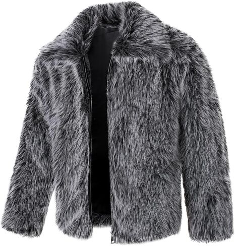FANARCHER Men's Winter Faux Fur Coat Fluffy Jacket Turn Collar Luxury Overcoat Long Sleeve Parka Fleece Furry Outwear in Saudi Arabia