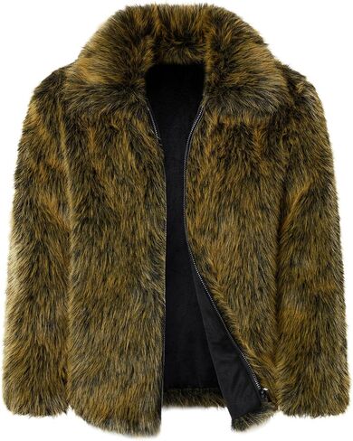 FANARCHER Men's Winter Faux Fur Coat Fluffy Jacket Turn Collar Luxury Overcoat Long Sleeve Parka Fleece Furry Outwear in Saudi Arabia