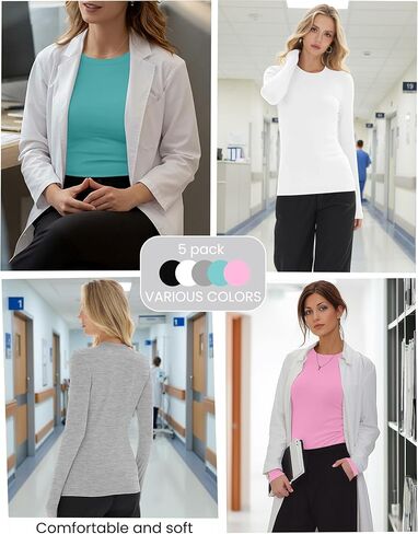 5 قطع من القمصان النسائية ذات الأكمام الطويلة ذات المقاس النحيف، وقمصان أساسية للممرضات مع قماش ناعم in Kuwait