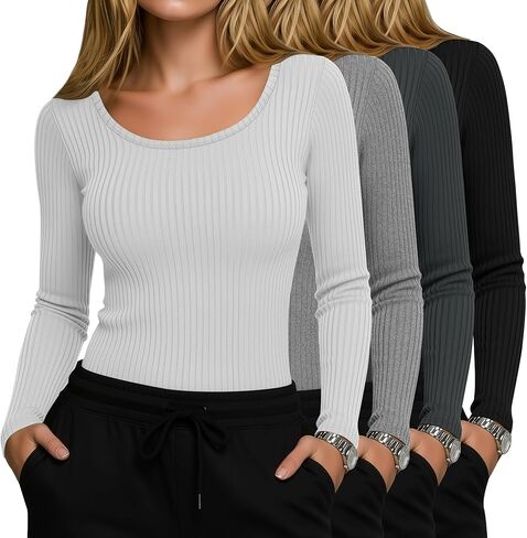 4 Pack Women’s Underscrub Shirts, Ribbed Cotton Scrub Tops Long Sleeve Scoop Neck Tees Slim Fit Basic Layer Shirts in Saudi Arabia