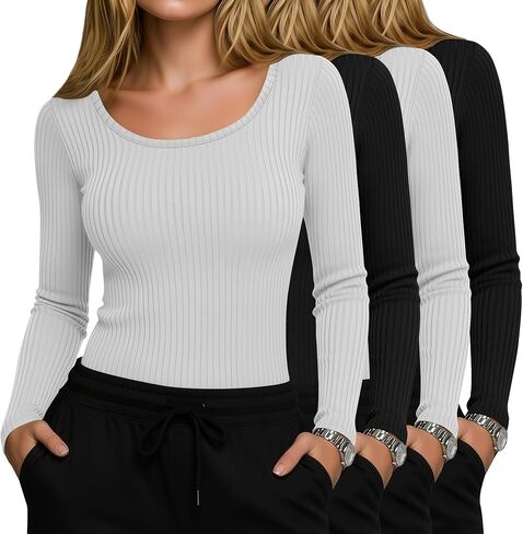 4 Pack Women’s Underscrub Shirts, Ribbed Cotton Scrub Tops Long Sleeve Scoop Neck Tees Slim Fit Basic Layer Shirts in Saudi Arabia
