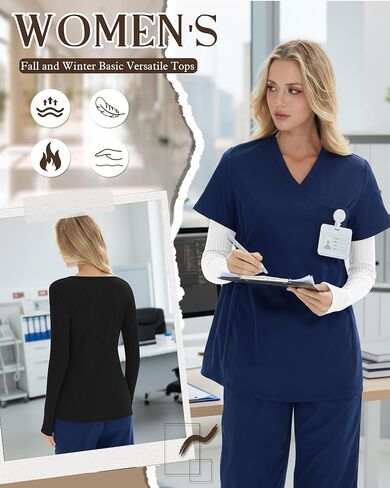 4 Pack Women’s Underscrub Shirts, Ribbed Cotton Scrub Tops Long Sleeve Scoop Neck Tees Slim Fit Basic Layer Shirts in Saudi Arabia