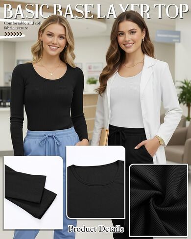 4 Pack Women’s Underscrub Shirts, Ribbed Cotton Scrub Tops Long Sleeve Scoop Neck Tees Slim Fit Basic Layer Shirts in Saudi Arabia