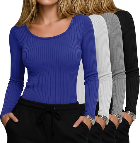4 Pack Women’s Underscrub Shirts, Ribbed Cotton Scrub Tops Long Sleeve Scoop Neck Tees Slim Fit Basic Layer Shirts in Saudi Arabia