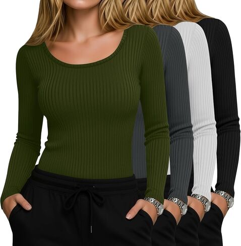 4 قطع من القمصان النسائية، قمصان قطنية مضلعة وأكمام طويلة ورقبة واسعة، قمصان ذات طبقة أساسية بقصة ضيقة in Kuwait