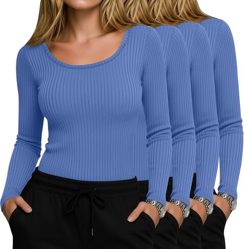 4 Pack Women’s Underscrub Shirts, Ribbed Cotton Scrub Tops Long Sleeve Scoop Neck Tees Slim Fit Basic Layer Shirts in Saudi Arabia