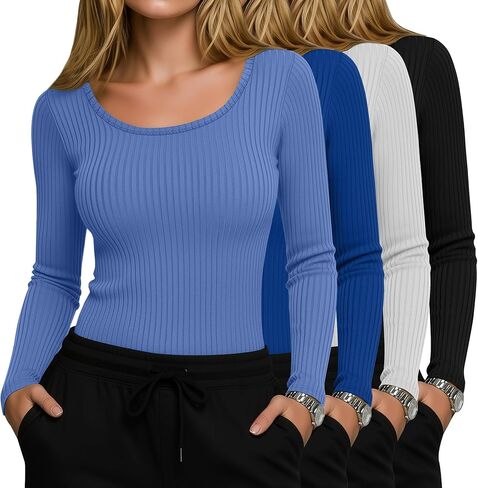 4 Pack Women’s Underscrub Shirts, Ribbed Cotton Scrub Tops Long Sleeve Scoop Neck Tees Slim Fit Basic Layer Shirts in Saudi Arabia
