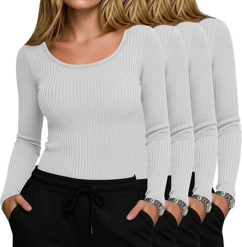 4 Pack Women’s Underscrub Shirts, Ribbed Cotton Scrub Tops Long Sleeve Scoop Neck Tees Slim Fit Basic Layer Shirts in Saudi Arabia