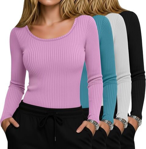 4 Pack Women’s Underscrub Shirts, Ribbed Cotton Scrub Tops Long Sleeve Scoop Neck Tees Slim Fit Basic Layer Shirts in Saudi Arabia