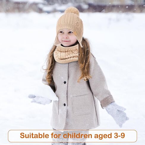 Kids Winter Beanie Hat and Scarf Set with Pom Pom for Girls, Children's Thick Ski Cap with Earflap Fleece Lined Hat 3-9 Years in Saudi Arabia