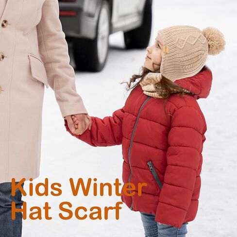 Kids Winter Beanie Hat and Scarf Set with Pom Pom for Girls, Children's Thick Ski Cap with Earflap Fleece Lined Hat 3-9 Years in Saudi Arabia