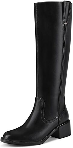 Knee High Boots for Women Chunky Heel Round Toe Leather Patent Boots Low Block Heel Tall Boots With Side Zipper in Saudi Arabia