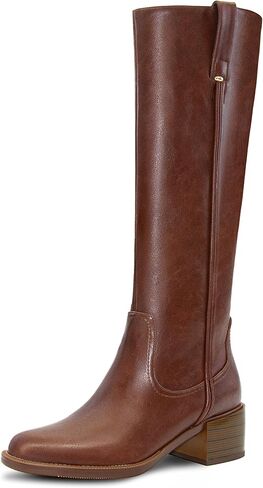 Knee High Boots for Women Chunky Heel Round Toe Leather Patent Boots Low Block Heel Tall Boots With Side Zipper in Saudi Arabia