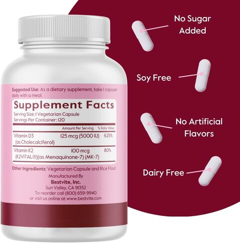 BESTVITE Vegan Vitamin D3 5000 IU + Vitamin K2 100 mcg as MK-7 (120 Vegetarian Capsules) - No Stearates - Vegan - Non GMO - Gluten Free in Saudi Arabia