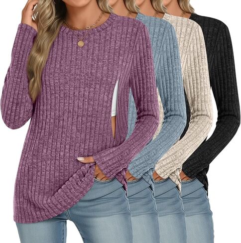 4 Pack Women Nursing Shirts Breastfeeding Long Sleeve Tops Thermal Sweaters with Hidden Zipper Ribbed Maternity in Saudi Arabia