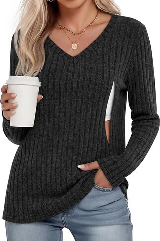 Women's Maternity Nursing Tops, V Neck Breastfeeding Sweaters Long Sleeve Hidden Zipper Shirts in Saudi Arabia