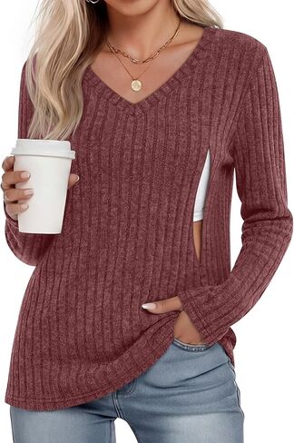 Women's Maternity Nursing Tops, V Neck Breastfeeding Sweaters Long Sleeve Hidden Zipper Shirts in Saudi Arabia
