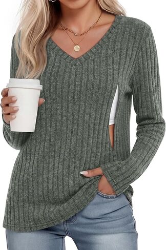 Women's Maternity Nursing Tops, V Neck Breastfeeding Sweaters Long Sleeve Hidden Zipper Shirts in Saudi Arabia