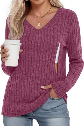 Women's Maternity Nursing Tops, V Neck Breastfeeding Sweaters Long Sleeve Hidden Zipper Shirts in Saudi Arabia