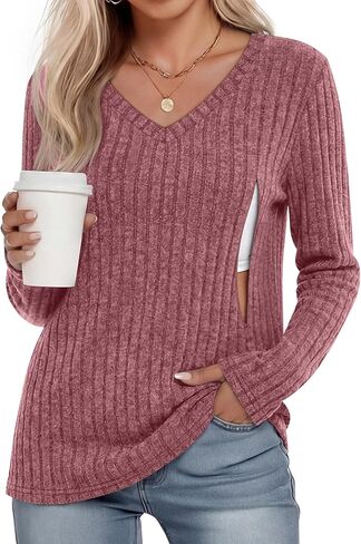 Women's Maternity Nursing Tops, V Neck Breastfeeding Sweaters Long Sleeve Hidden Zipper Shirts in Saudi Arabia
