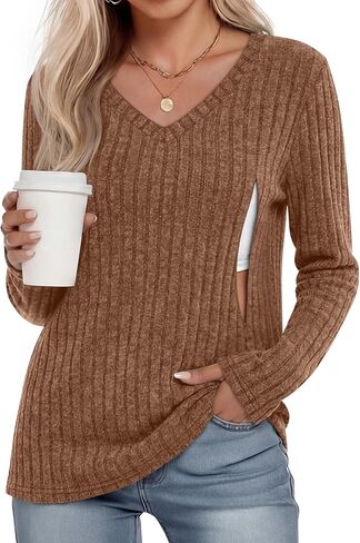 Women's Maternity Nursing Tops, V Neck Breastfeeding Sweaters Long Sleeve Hidden Zipper Shirts in Saudi Arabia